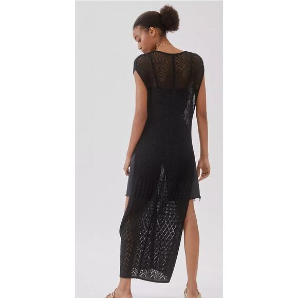 NWT Anthropologie Open Knit Side Slit Crochet Caftan Set Black 2 Piece Size L - Picture 3 of 4